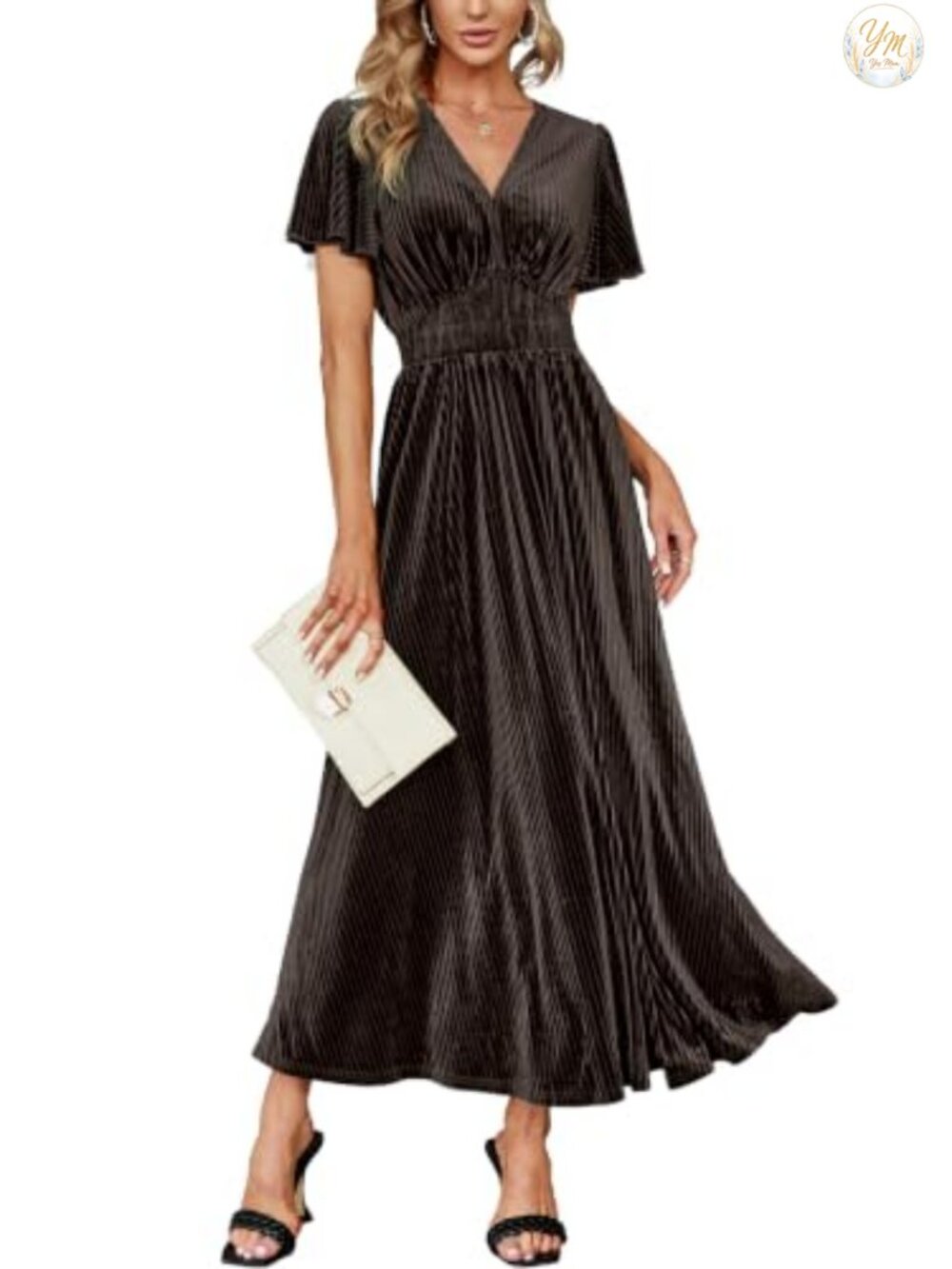 Velvet Maxi Dress V Neck Short Sleeve Empire Waist Semi Formal Wedding Guest